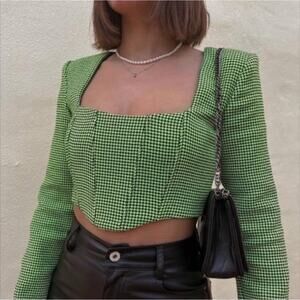 NWT Zara Houndstooth Neon Green Corset Bustier Crop Top Size small